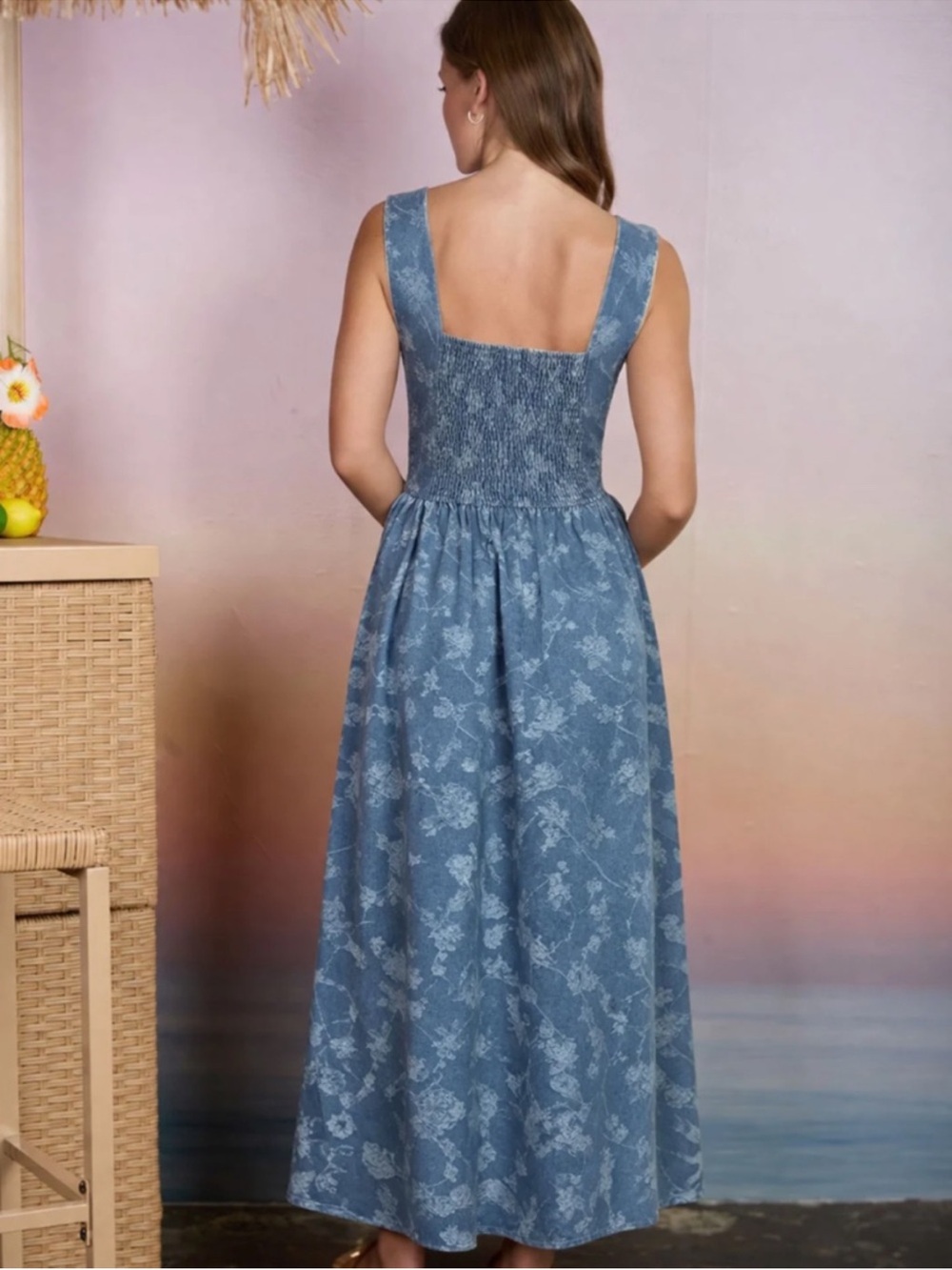 Denim Floral Jacquard Corset Midi Dress Cottagecore Blue Small - Picture 2 of 6
